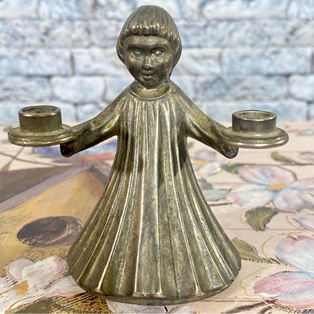 Pewter Miniature Candle Holder Unique Vintage Choir Girl Boy Made In Italy
